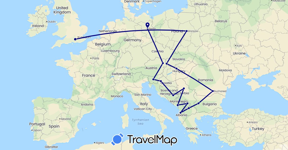 TravelMap itinerary: driving in Albania, Austria, Bosnia and Herzegovina, Bulgaria, Germany, United Kingdom, Croatia, Hungary, Montenegro, Macedonia, Poland, Romania, Serbia, Slovenia, Slovakia, Kosovo (Europe)